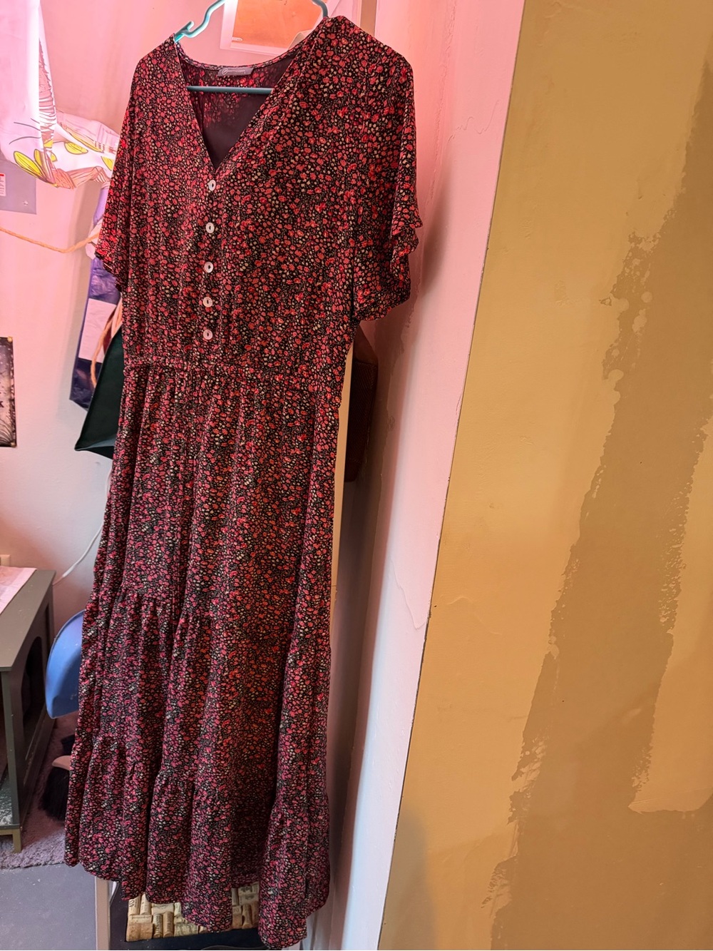 Button-Front Floral Maxi Dress in Black with Pink Floral